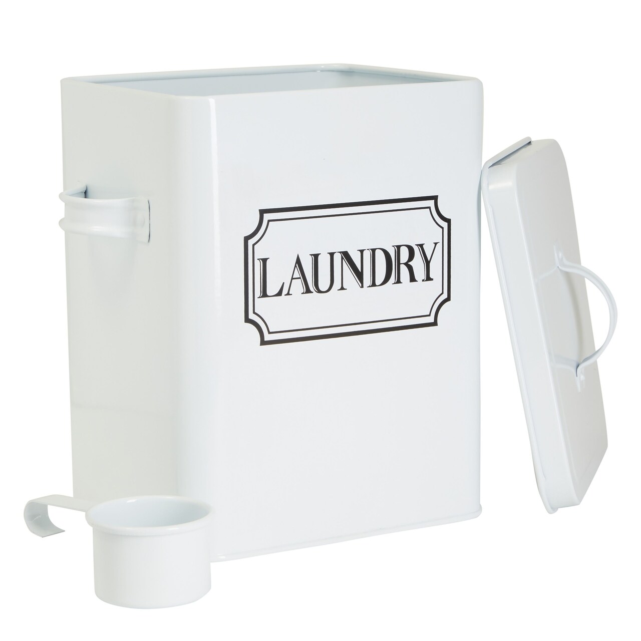 Laundry Detergent Container for Powder, Beads, and Pods, White Laundry Canister with Scoop for Bathroom Organizing and Storage, Modern Farmhouse Design, 100 Ounce Capacity (White, 9x7x6 In)